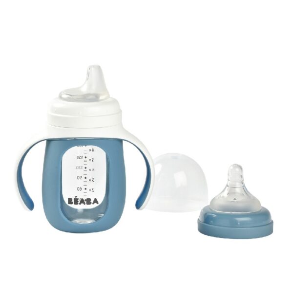 ขวดแก้วหัดดื่ม 2 in 1 Glass Learning Bottle 210 ml with Silicone Protective Sleeve – Windy Blue