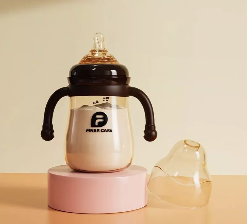 ขวดนมคอกว้าง สีชา จุกเสมือนนมแม่ พร้อมแขนจับ (10 ออนซ์)